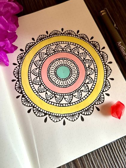 A full view of this pastel piece, showing the delicate black linework that defines the soft colors.