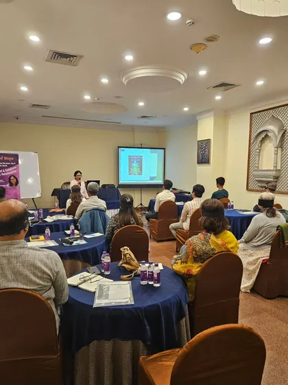 My wife Tasneem leading a session during our Aura & Chakra workshop at Hotel Lords Plaza.