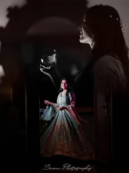 An artistic, dark-toned collage from an engagement, featuring a silhouette and a full-length portrait of the bride.
