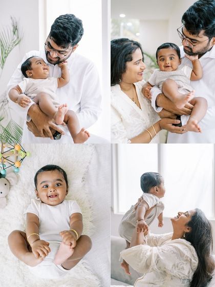 A collage showing the many sweet interactions during a 7-month-old's at-home session.