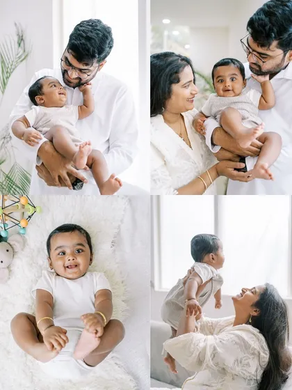 A collage showcasing the variety of shots from the seven-month session, from playful interactions to sweet family portraits.