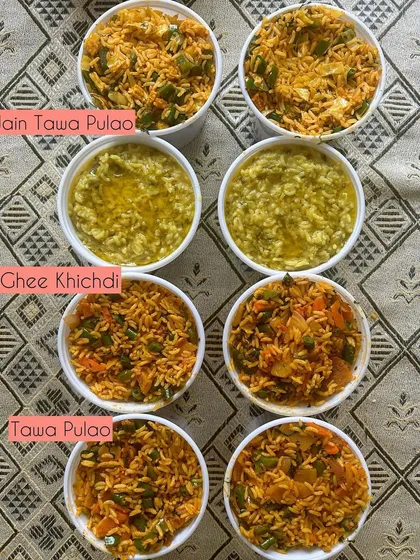 A variety of rice dishes, including Jain Tawa Pulao, regular Tawa Pulao, and comforting Ghee Khichdi.