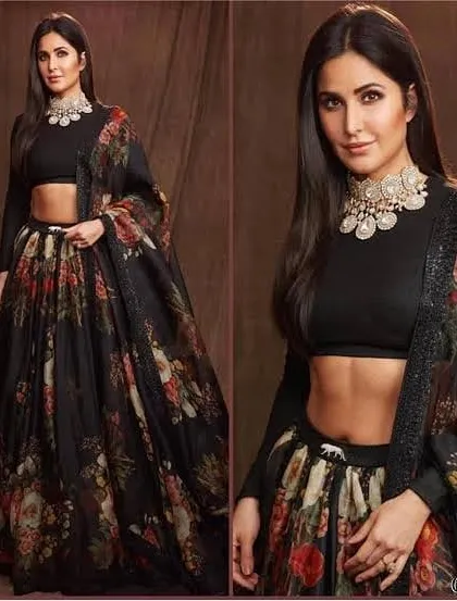A contemporary black floral lehenga set. Bring us your inspiration, even if it's a picture of a celebrity style, and we will create a high-quality custom version tailored for you.