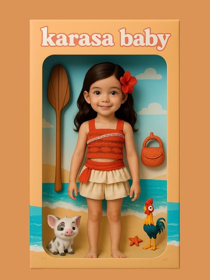 The brave voyager Moana, imagined as a collectible doll. This shows how I can take any character inspiration and create a detailed, custom outfit for your child.