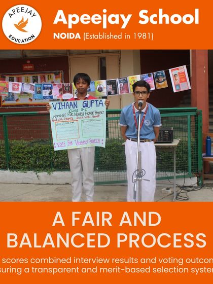 A fair and balanced process is at the heart of our student elections. Here, a candidate delivers his speech, while his supporter holds a poster, showcasing the teamwork and transparent campaigning that defines our selection system.