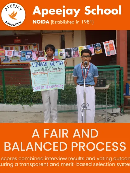 A fair and balanced process is at the heart of our student elections. Here, a candidate delivers his speech, while his supporter holds a poster, showcasing the teamwork and transparent campaigning that defines our selection system.