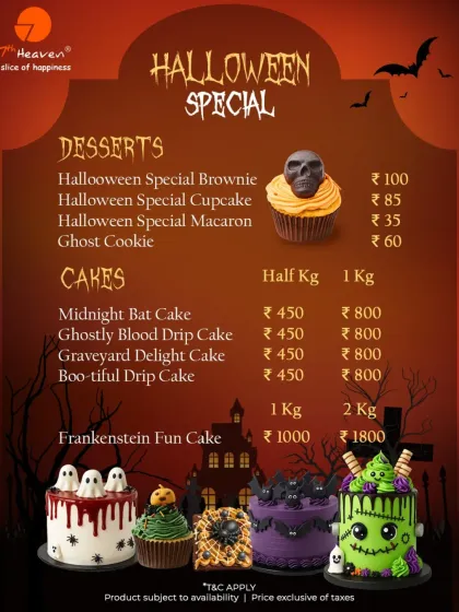 Our Halloween Special menu is here. This graphic details the prices for our spooky desserts and cakes, like the Frankenstein Fun Cake and Ghostly Blood Drip Cake.