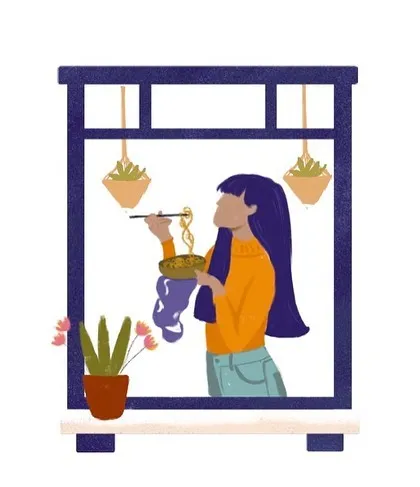 A snapshot of someone enjoying a meal. My character illustrations can capture everyday activities, turning them into a unique and personal piece of art that reflects your life and style.