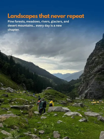 On the Hampta Pass trek, the landscapes never repeat. Every day is a new chapter with pine forests, meadows, rivers, and glaciers.