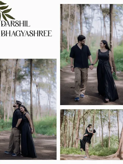 This collage showcases different poses within the same forest location, from walking hand-in-hand to a playful lift, telling a complete story of their time there.
