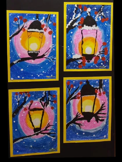 Bask in the warmth of these beautiful snowy winter lanterns. This mixed-media art by my 5 to 7-year-old students combines oil pastels and paint.