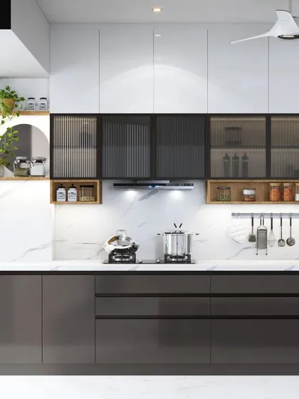 A perfect example of modern minimalism in a straight-line kitchen layout. This design uses a sophisticated palette of dark grey and white, with fluted glass cabinets and open wooden shelving adding texture and warmth. The result is a clean, uncluttered, and highly stylish culinary space.