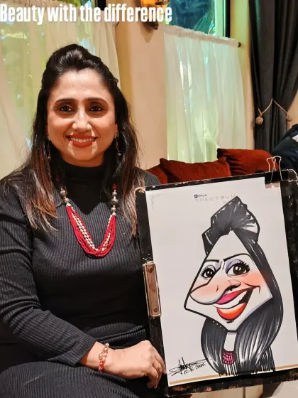 A guest at a corporate event with her caricature. The text "Beauty with the difference" highlights the unique style of caricature art.