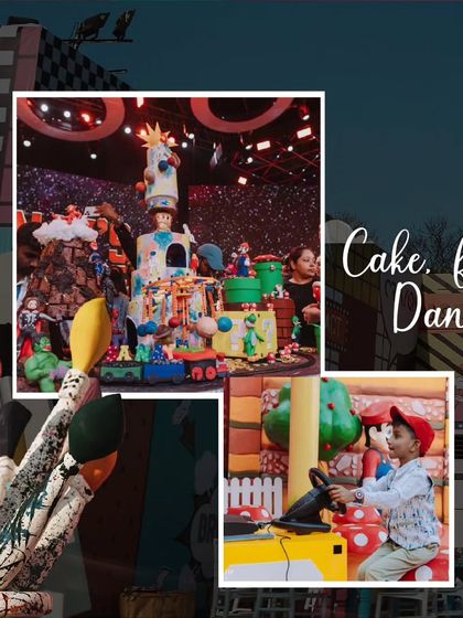 A collage showcasing the key elements of 'Sanay's Universe': the incredible cake, the fun rides, and the live music. It's a snapshot of a truly epic celebration.