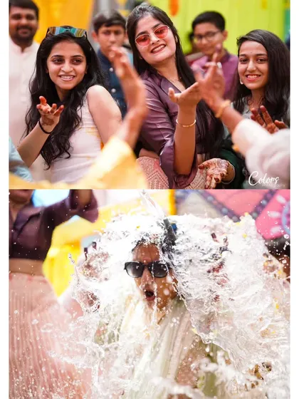 A collage showing the pure, unadulterated fun of a Haldi, with guests dancing and the groom getting splashed with water.