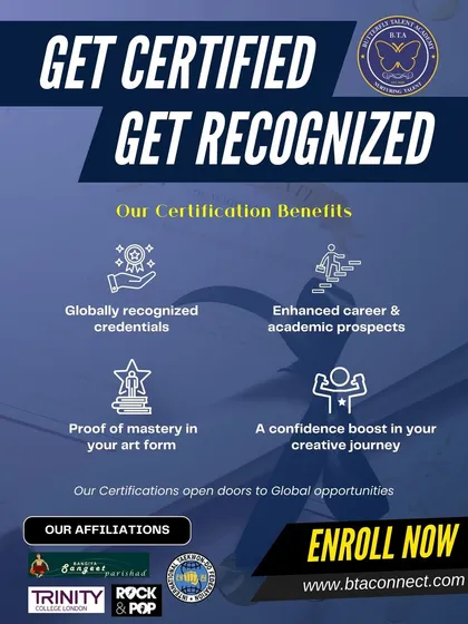 Turn your passion into a recognized credential. We are affiliated with prestigious institutions like Trinity College London and Rabindra Bharati University, offering globally recognized certifications that enhance career and academic prospects for our students.