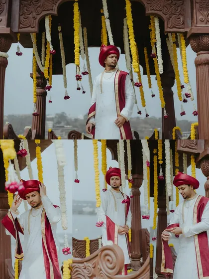 A series of portraits of the groom in his traditional Maharashtrian wedding attire, standing under a beautifully decorated mandap.