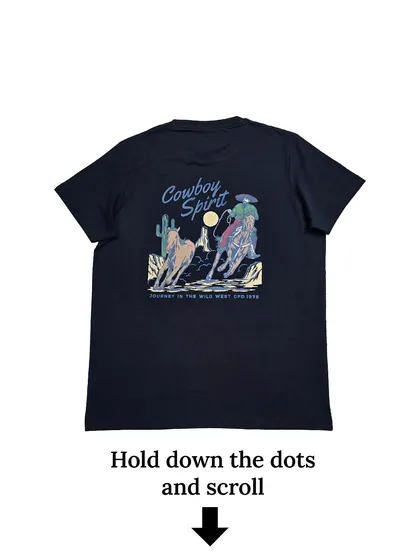 We love adding unique details to our collection. This is the back of our popular 'Cowboy Spirit' graphic t-shirt, featuring a detailed wild west scene that adds character to a classic navy blue tee.