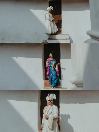 A creative triptych using architectural framing to capture individual portraits of the bride and groom during their Goa wedding.