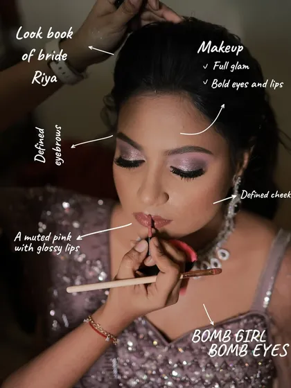 A look inside my process for creating a full glam sangeet look. This breakdown shows how I focus on every detail, from defining the eyebrows and creating bold eyes to achieving a perfect muted pink glossy lip.
