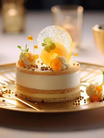 Opulence on a plate. This multi-layered dessert is served on an ornate golden plate, featuring delicate spheres, a sugar crisp, and microgreens. It's a perfect example of our luxury dessert catering for exclusive events.