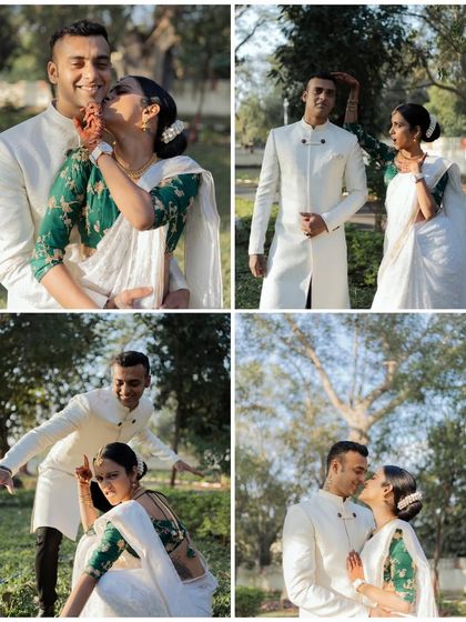 A collage of playful and loving moments from a South Indian wedding. It shows the couple's fun-loving nature and the easy chemistry they share.