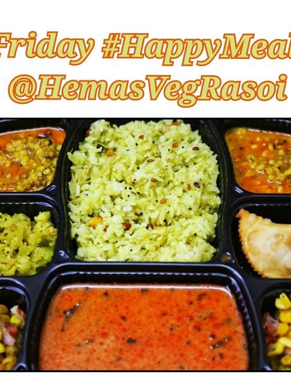 A delicious meal of Kairi Rice with Saar, tinda sabzi, moong gravy, a corn and peanut salad, and a special Mawa Karanji.