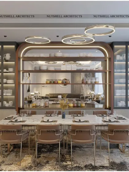 The dining area is anchored by a custom bar and crockery unit. The warm wood, reflective surfaces, and integrated lighting create a sophisticated backdrop for dinner parties.