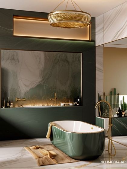 This luxurious bathroom features a freestanding bathtub in a deep green hue, complemented by gold fixtures. The back wall, clad in green marble and backlit, creates a dramatic and serene focal point for ultimate relaxation.