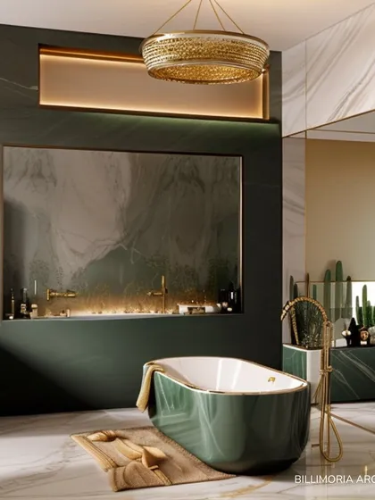 This luxurious bathroom features a freestanding bathtub in a deep green hue, complemented by gold fixtures. The back wall, clad in green marble and backlit, creates a dramatic and serene focal point for ultimate relaxation.