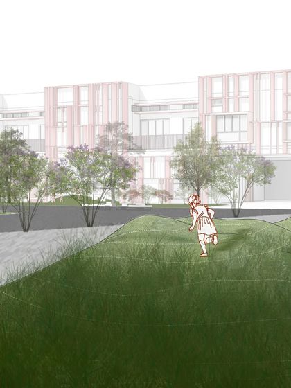 An early rendering showing how the playful landscape interacts with the school's facade. The idea was to create a seamless connection between the building and the outdoor spaces where children learn and play.