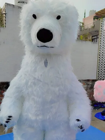 A close-up of the friendly white polar bear fur mascot. You can see the detail in the face and the soft texture of the fur I use.