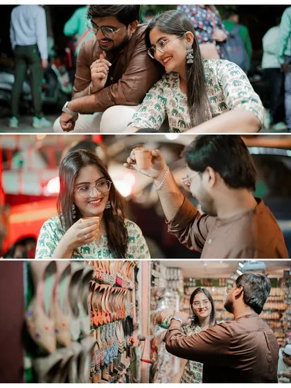 More moments from Gaurav and Priya's market shoot, capturing their playful interactions while shopping for bangles and enjoying the lively atmosphere.