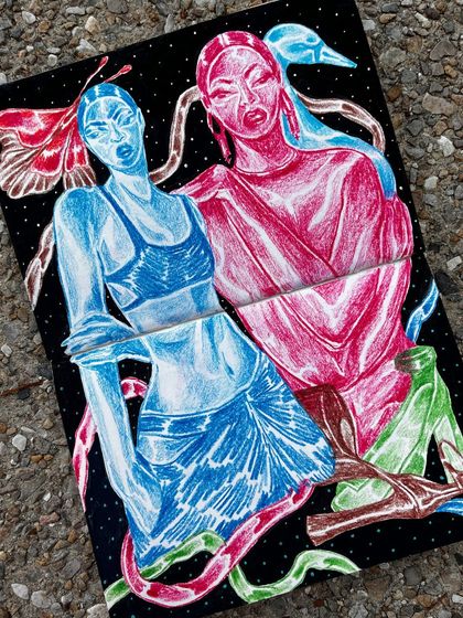 A sketchbook spread with figures in contrasting blue and pink against a black, starry background.