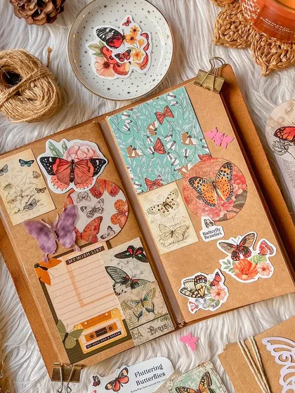 A beautiful journal spread created using the "Fluttering Butterflies" journaling kit. This kit is perfect for creating delicate and whimsical pages.