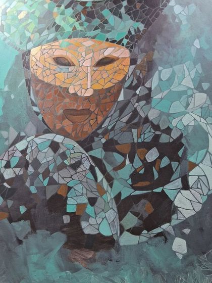 A mosaic artwork of a masked figure, created with a fragmented style that gives it a modern and mysterious feel.