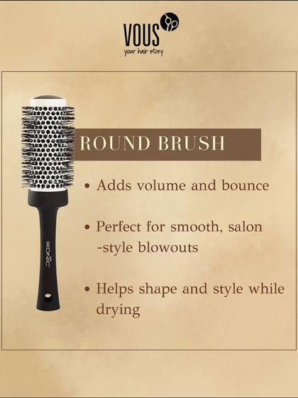 A round brush is your go to tool for creating volume and bounce. It's essential for achieving a smooth, salon style blowout at home, as it helps to shape and style the hair as it dries.