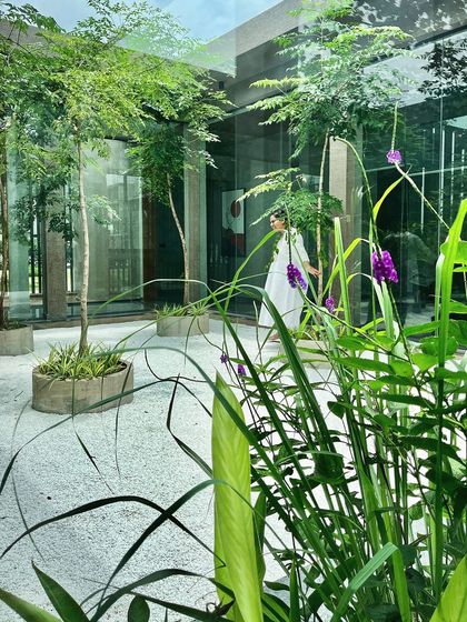 The glass walls of the office reflect the courtyard garden, blurring the boundary between inside and out. The design ensures that even those working indoors feel connected to the nature just steps away.