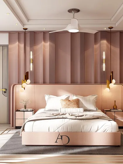 A dreamy bedroom in shades of pink, featuring a unique fluted accent wall, a sleek upholstered bed, and modern pendant lights for a soft, contemporary feel.