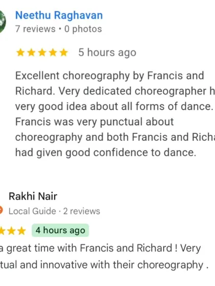 Our clients' feedback says it all. We are dedicated to providing excellent, punctual, and confidence-boosting choreography that makes everyone feel like a dancer.