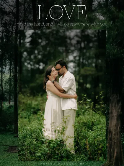 A romantic portrait of a couple in a forest, framed by trees, with the word 'LOVE' emphasizing the theme.