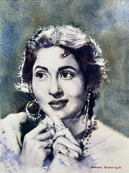A monochrome portrait of actress Madhubala, used to announce the details of my 3-Month Online Watercolor Course.
