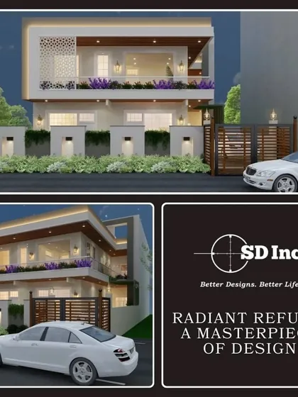 A 3D render of a modern home exterior we designed. This "Radiant Refuge" showcases our architectural capabilities, with a focus on clean lines, beautiful lighting, and integrated landscaping.