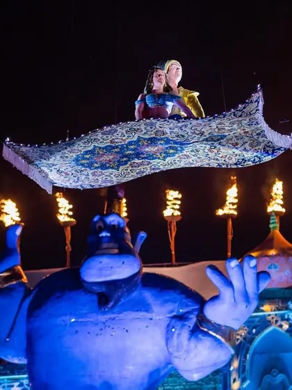 A truly magical moment from an Aladdin-themed birthday party. I engineered a flying carpet that soared above the guests with performers, appearing from behind a 20-foot custom-built Genie, leaving everyone completely spellbound.