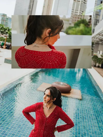 A collage of the bride in her vibrant red outfit, featuring a close-up of her "Jethani" tattoo. These shots are a beautiful blend of modern style and personal details.