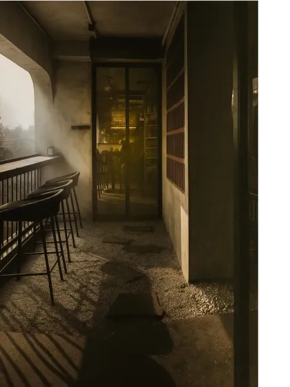 Even transitional spaces can be beautiful. This covered walkway features simple bar seating, allowing guests to enjoy a moment of quiet while still feeling connected to the cafe's main area.