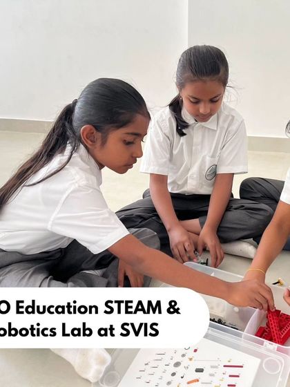 A group of girls at SVIS collaborates on their LEGO project. We are passionate about encouraging girls in STEM and providing an inclusive environment for all students to thrive.