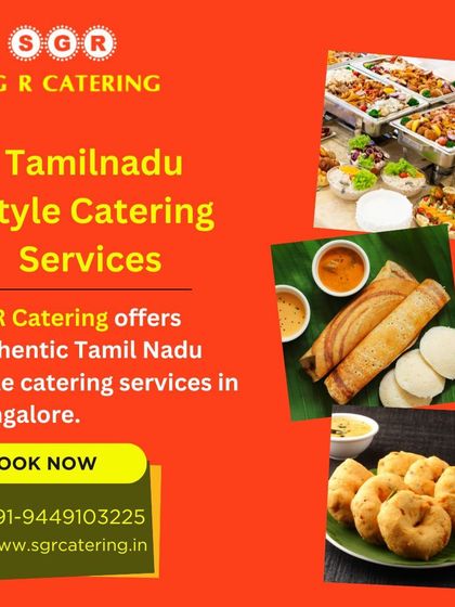 Our Tamil Nadu style catering includes traditional dishes like sambar, rasam, idli, dosa, and biryani. This collage highlights the variety of popular items we can prepare for your event.