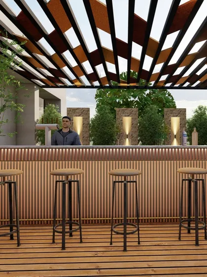 A closer view of a terrace bar design, showcasing a modern pergola with a patterned roof for dynamic light and shadow. The slatted wood bar front and surrounding planters with small trees integrate natural textures into a sophisticated entertainment space.
