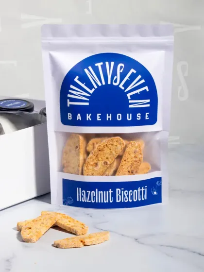 A retail pack of our Hazelnut Biscotti, perfect for taking home or gifting.